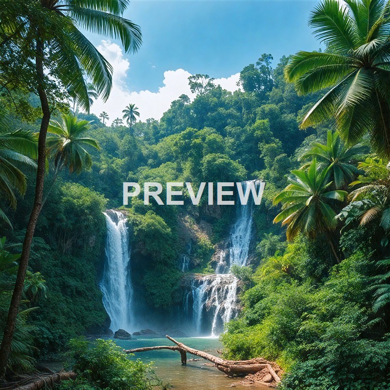 A lush tropical rainforest scene featuring a waterfall cascading down rocky cliffs into a calm pool surrounded by dense green foliage and tall palm trees under a bright blue sky.